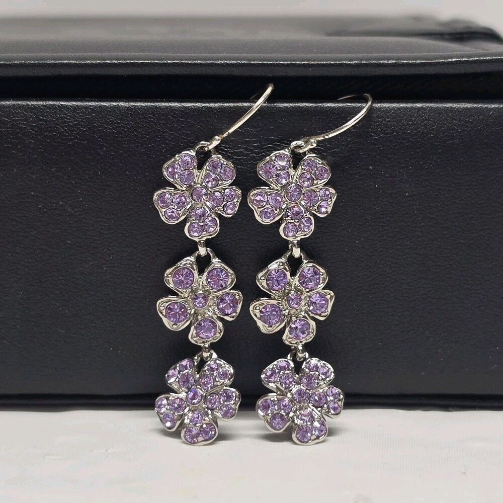 Monet Purple Crystals Floral Silver Tone Dangle Earrings Vintage